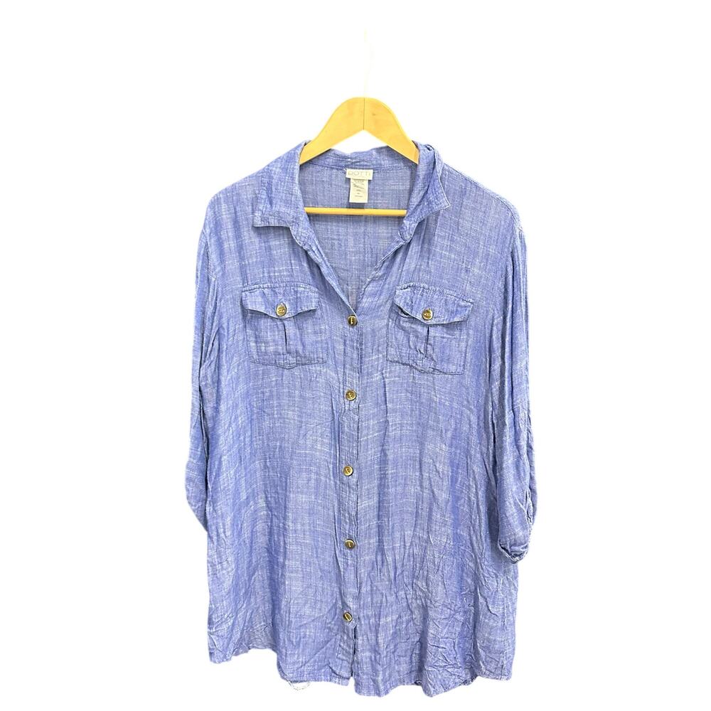 Dotti Women Large Blue Gauze Linen Look Roll Tab Sleeve Button Up Tunic Shirt